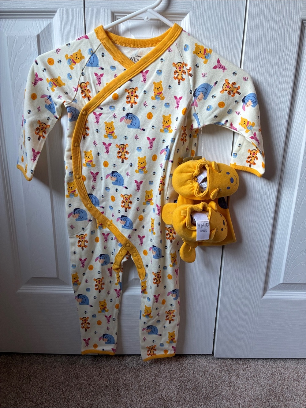 Disney Yellow Winnie the Pooh Baby One-Piece with Matching Booties and Hat